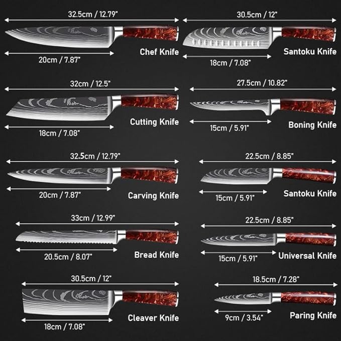 FIVE COWS 8-Piece Premium Japanese Kitchen Knife Set - Star Collection, Laser Damascus Pattern, 440A Stainless Steel Ultra Sharp for Fast Cutting (DMS-8A-Red)