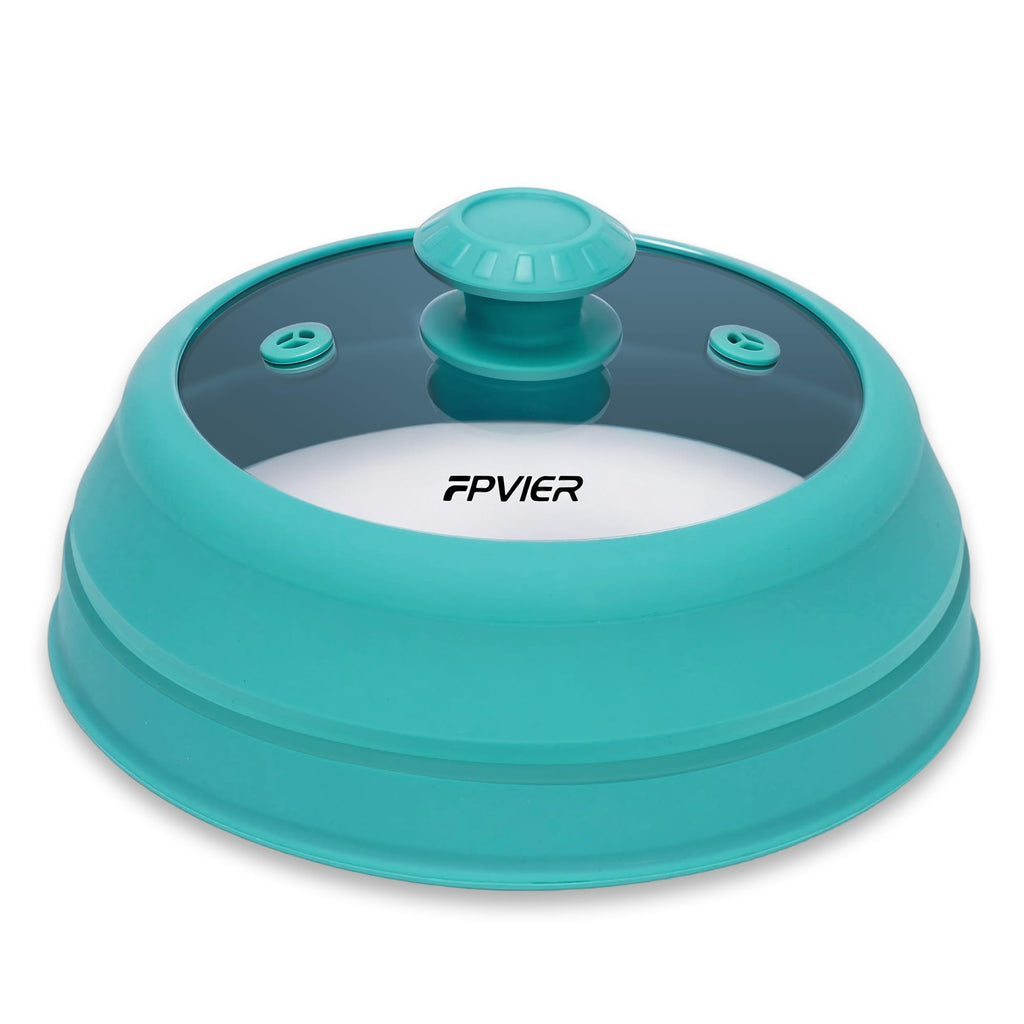 Microwave Splatter Cover, Vented Silicone & Glass Anti-Splatter Lid with Handle, Collapsible Food Plate Cover Fits 6–11 Inch Plates and Bowls (Blue, 9inch)