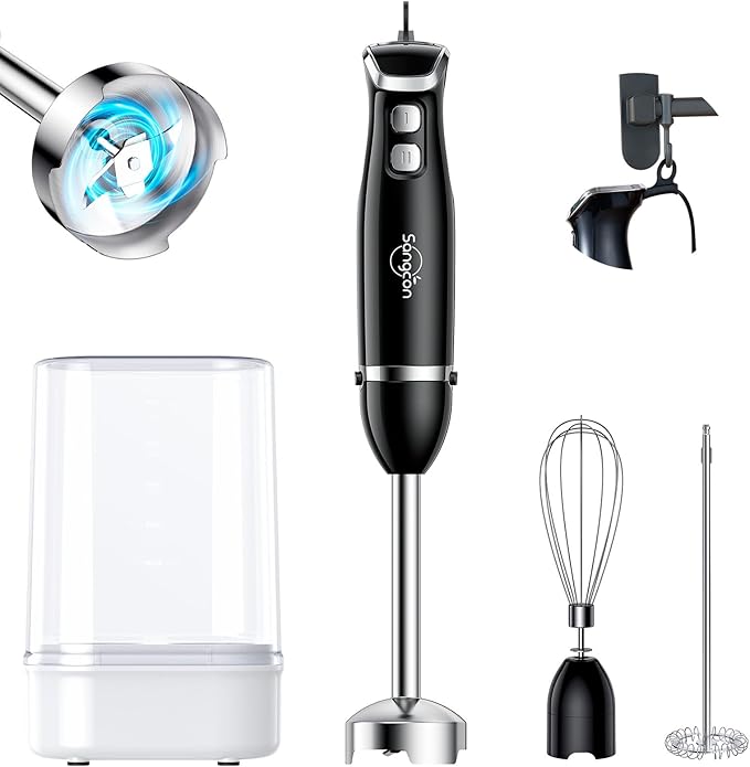 Sangcon 5-in-1 Immersion Blender Handheld with 1000ml Cup, 2-Speed Adjustable Hand Blender with 304 Stainless Blades, Detachable Whisk and Milk Frother