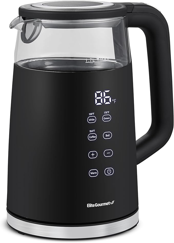 Elite Gourmet 1.7L Dual-Wall Cool-Touch Tea Kettle, Touchscreen, Black
