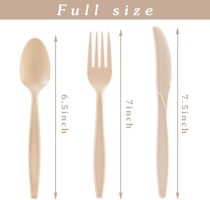 300 Count Light Brown Compostable Silverware Heavy Duty 100 Forks 100 Spoons 100 Knives, No Plastic Disposable Utensils Large Eco Friendly Biodegradable Cutlery for Party Office Wedding