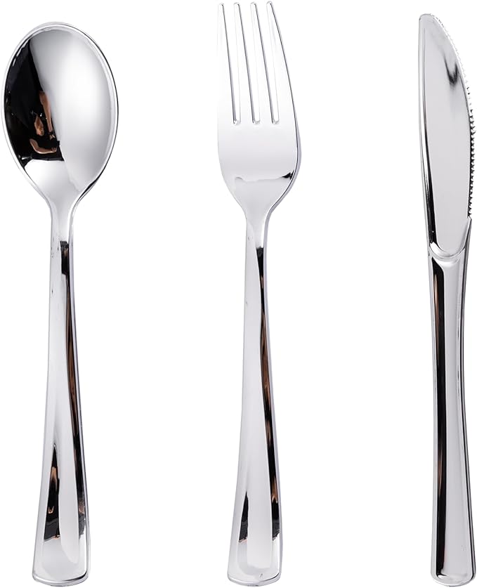 N9R 300PCS Silver Plastic Silverware, Disposable Utensils & Cutlery