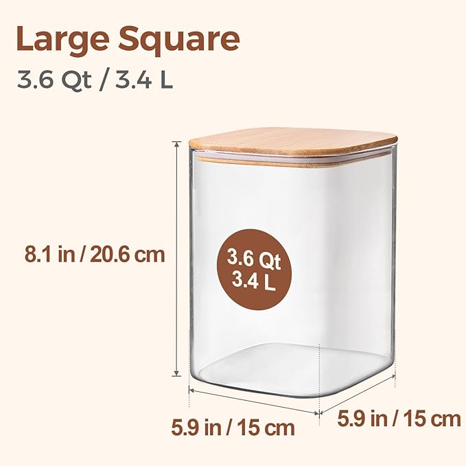 ComSaf Glass Storage Jars with Bamboo Lids 3.6 Qt Large Pantry Square