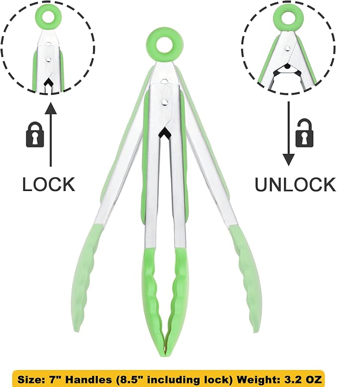 HINMAY Mini Tongs with Silicone Tips 7" Cooking Tongs, Set of 3 (Green)