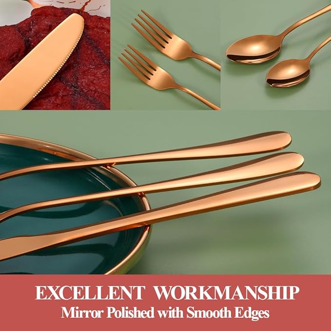 40 Pcs Rose Gold Silverware Set for 8, Food Grade Stainless Steel Flatware Set, Eating Utensils Sets Include Fork/Knife/Spoon, Reusable Cutlery Set for Home Kitchen, Dishwasher Safe, Round Edge