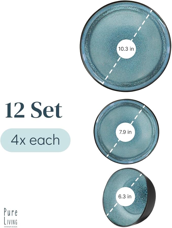 Stoneware Dinnerware Set for 4, 12 Piece Plates and Bowls Set - Handmade Reactive Glaze, Chip & Scratch Resistant Sets - Dishwasher Microwave Safe, Modern Kitchen Dinner Service in Dark Petrol Blue