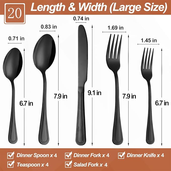 20 Pcs Black Silverware Set for 4, Food Grade Stainless Steel Flatware Set, Eating Utensils Sets Include Fork/Knife/Spoon, Reusable Cutlery Set for Home Kitchen, Dishwasher Safe, Pearl-edged
