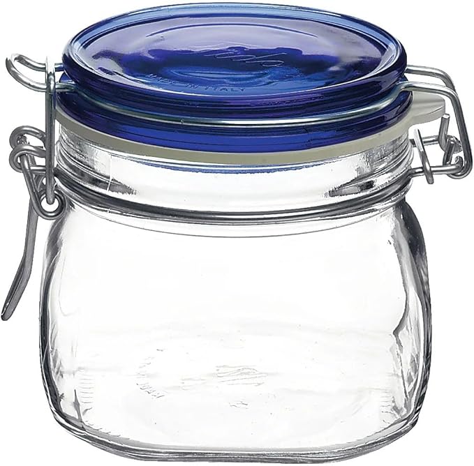 Bormioli Rocco Fido Glass Jar, Blue Lid - Food Storage Container with Airtight Seal - 17.5 oz Clamp Lock Canister for Dry Foods, Appetizers & Desserts - Italian Glass, Dishwasher Safe