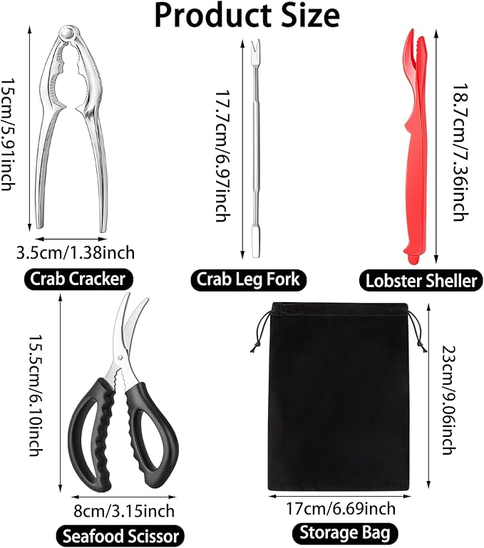 suoundey Seafood Cracker Tool Set With Lobster Sheller Stainless Steel Crab Crackers Crab Leg Fork Seafood Scissors And Storage Bag, Crab Leg Pick Utensils Set Crab Eating Tools (9Pcs)