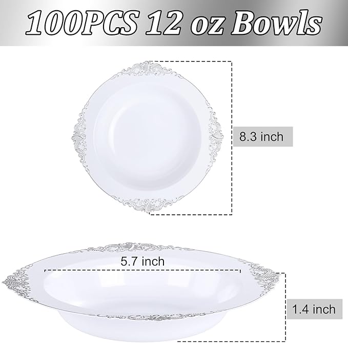 Joyido 100PCS Silver Plastic Bowls - 12 oz Silver Disposable Salad Bowls - Heavy Duty Disposable Soup Bowl - Fancy Plastic Ice Cream Bowl for Weddings Parties Dinners Picnics