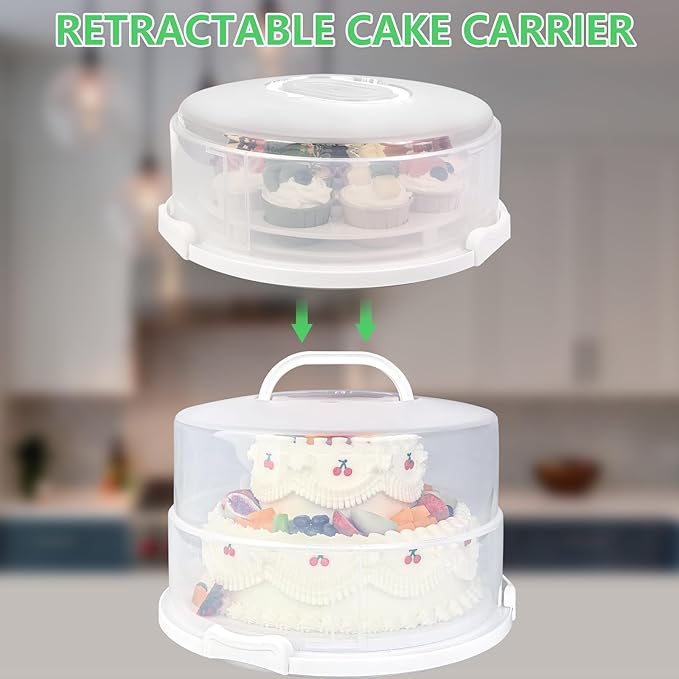 Arineng 12 Inch Cake Carrier with Lid & Handle BPA-Free Cake Transport Container, Includes Insulated Bag, Cupcake & Pie Holders for Secure Dessert Delivery (Fits 7" Tall Cakes) (Grey)