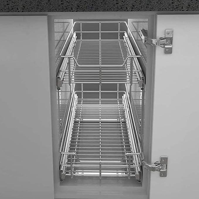 2 Tier Pull Out Cabinet Organizer 15" W X 22" D, Chromed, Full Slide Out