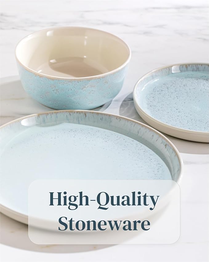 24 Piece Stoneware Dinnerware Set for 8 - Handmade Reactive Glaze Plates and Bowls Set - Chip & Scratch Resistant Dish Set - Dishwasher Microwave Safe - Light Beige & Blue