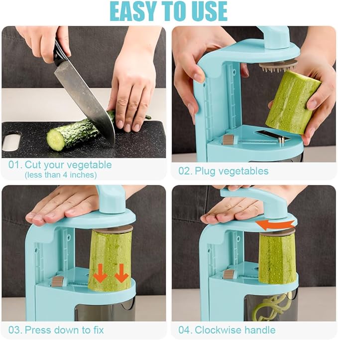 Badelite Vegetable Spiralizer 4-IN-1 Rotating Blade Veggie Spiralizer Zucchini Noodle Maker with Strong Suction Cup Spiral Vegetable Cutter Slicer - Blue