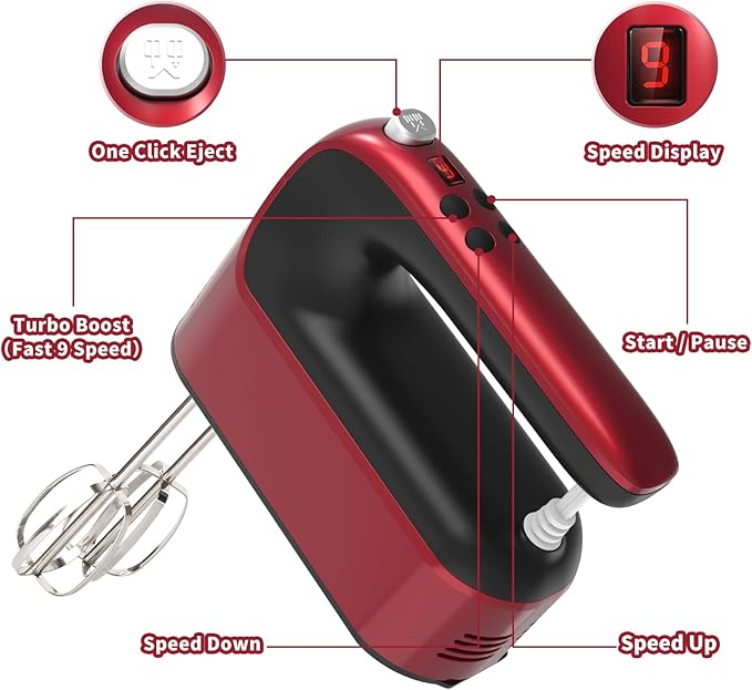 Yomelo 9-Speed Digital Hand Mixer Electric, 400W Powerful DC Motor, Hand Mixer Electric Handheld with Snap-On Storage Case, 5 Stainless Steel Accessories, Beaters, Dough Hooks, Whisk(Red)