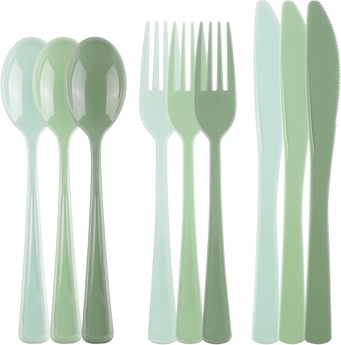 Kochorie 300 Pieces Sage Green Plastic Silverware with Spoons Forks Knives