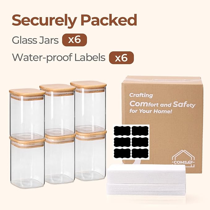 ComSaf Glass Storage Containers wtih Lids 1.2 Qt, Set of 6 Food Storage Jar