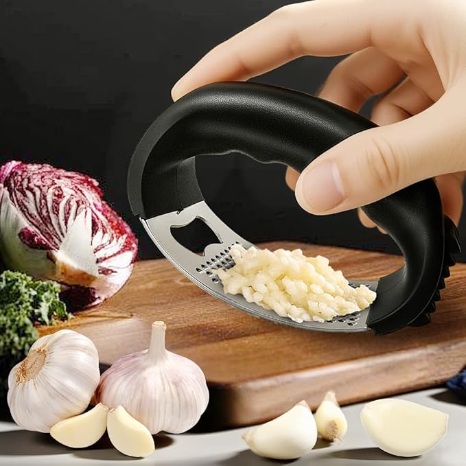 Stainless Steel Garlic Press Rocker, 2025 New Garlic Mincer and Garlic Crusher, Easy-Squeeze Garlic Tool with Peeler and Cleaning Brush for Smashing Garlic (A2-2Pcs)