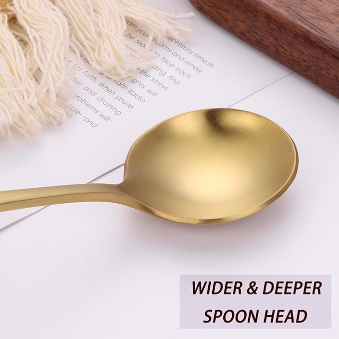 Mafier 7" Round Soup Spoons Set of 4,18/10 Stainless Steel Heavy Duty with Deep Bowl,Matte Stain Finish,Dishwasher Safe(Gold)