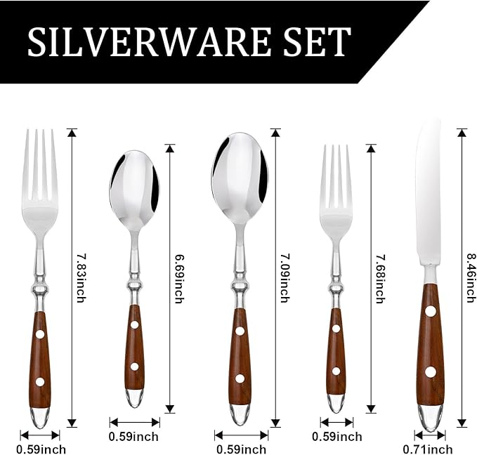 QUEARI 20-Piece Silverware Set Service for 4 with Two Rivets, Vintage Flatware Set, Stainless Steel Cutlery Set with Coffee-colored Bakelite Handle, Dishwasher Safe, Light Brown Color