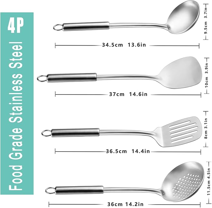 Pleafind Cooking Utensils Set - 4 Pcs Stainless Steel Kitchen Utensils Set with Solid Turner, Slotted Turner, Serving Ladle, Slotted Spoon, Wok Utensils Set with Heat Resistant Handle, Dishwasher Safe