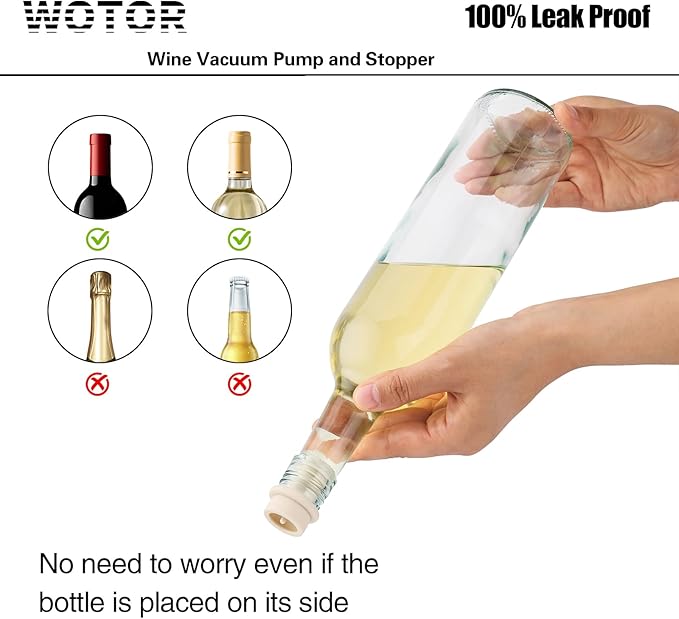 WOTOR Wine Saver Vacuum Pump with 4 Stoppers, Wine Stopper & Preserver, Reusable Bottle Sealer Keeps Fresh, Ideal Accessories Gift, Flat Handle (Cream)