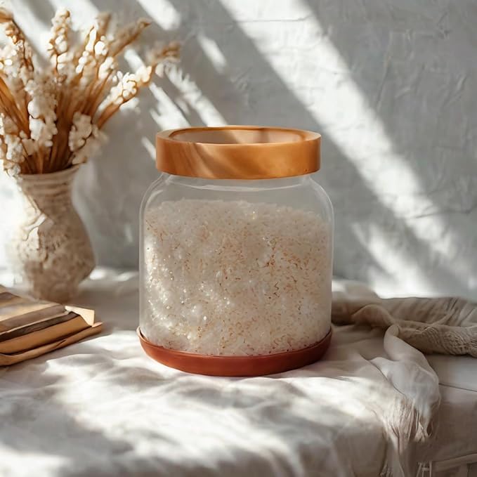 SAIOOL 2-Pack Striped Borosilicate Glass Airtight Canisters - Big mouth Large Capacity, Acacia Wood Lid, Food Storage Jars for Flour, Pasta, Pantry Organization (1/2 Gallon （Strew 2 pack）)