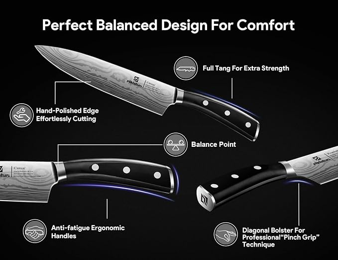 Piklohas Knife Sets for Kitchen with Block, 17 Pieces with Magnetic Knife Holder, German High Carbon Stainless Steel Damascus Pattern Chef Knife Set, Ideal for Gift