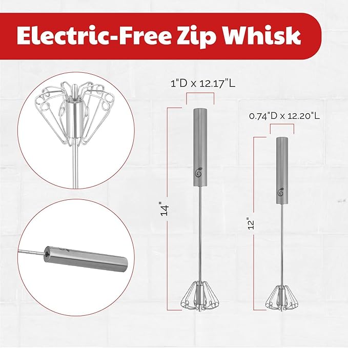 Stainless Steel Push-Down Rotary Egg Beater Hand Whisk 2 Pack 12 & 14 Inch