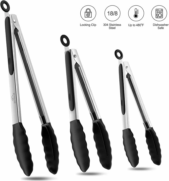 Bnlcd Good Grip Cooking Tongs with Silicone Tips, Set of 3-7" 9" and 12"
