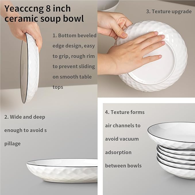 Yeacccng White Pasta Bowls Set of 6, 24oz Ceramic Salad Bowls, 8 inch Shallow Serving Bowls for Pasta, Salad, Oatmeal, Fruit, Easy to Clean, Dishwasher & Microwave Safe, Scratch-Resistant, Lead-Free