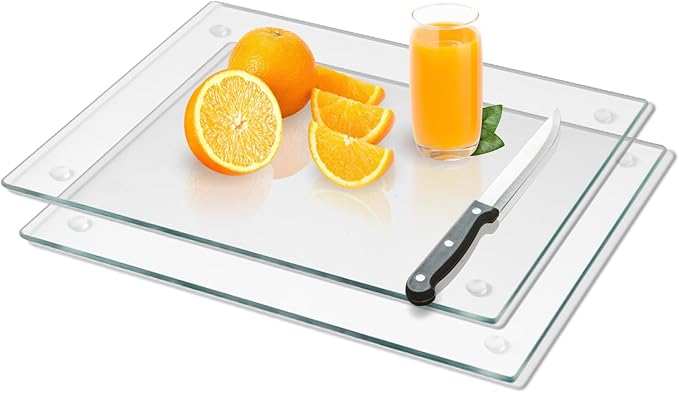 Mymonfif Tempered Glass Cutting Board for Kitchen, Clear Glass Board for Countertop, Heat Resistant, with Non-Slip Feet, 12x16" 2 Pcs Clear