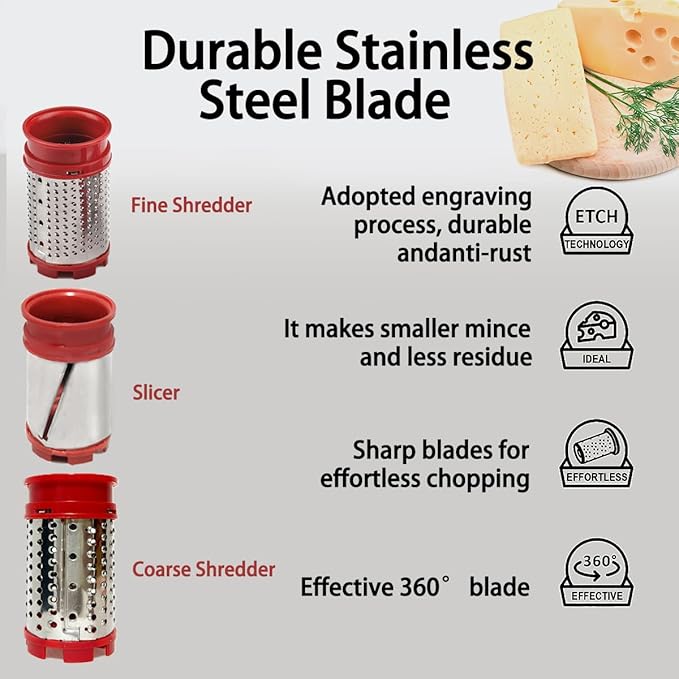 Cushore Electric Hard Cheese Grater, Model CES03D, Red, Stainless Steel, Automatic, Cordless, 3 Interchangeable Blades, Easy to Clean
