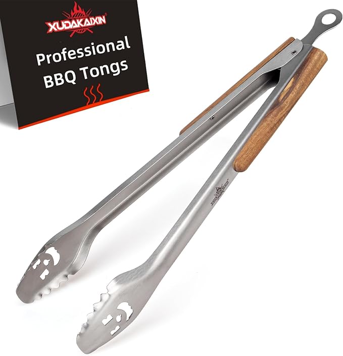 XUDAKAIXIN 18-Inch Long Stainless Steel BBQ Tongs with Extended Luxurious Acacia Handle – Durable and Easy-to-Clean Grilling Tool for Cooking, Kitchen Use, and Outdoor Barbecues