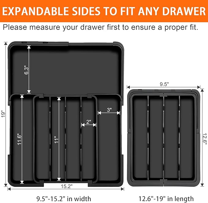 Spaclear Silverware Organizer - Expandable Kitchen Drawer Organizer, Utensil Drawer Organizer, Adjustable Plastic Flatware and Cutlery Holder, Kitchen Organizers Storage for Forks Knives, Black