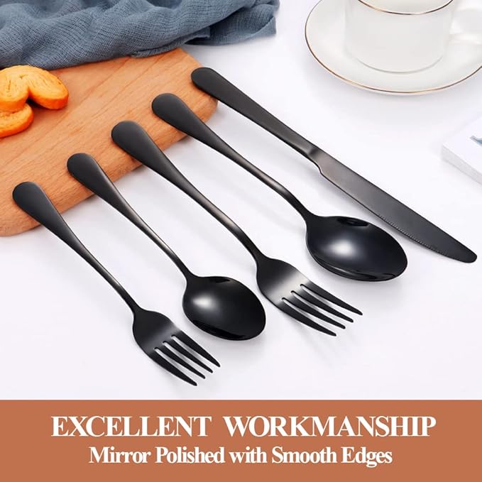 20 Pcs Black Silverware Set for 4, Food Grade Stainless Steel Flatware Set, Eating Utensils Sets Include Fork/Knife/Spoon, Reusable Cutlery Set for Home Kitchen, Dishwasher Safe, Round Edge