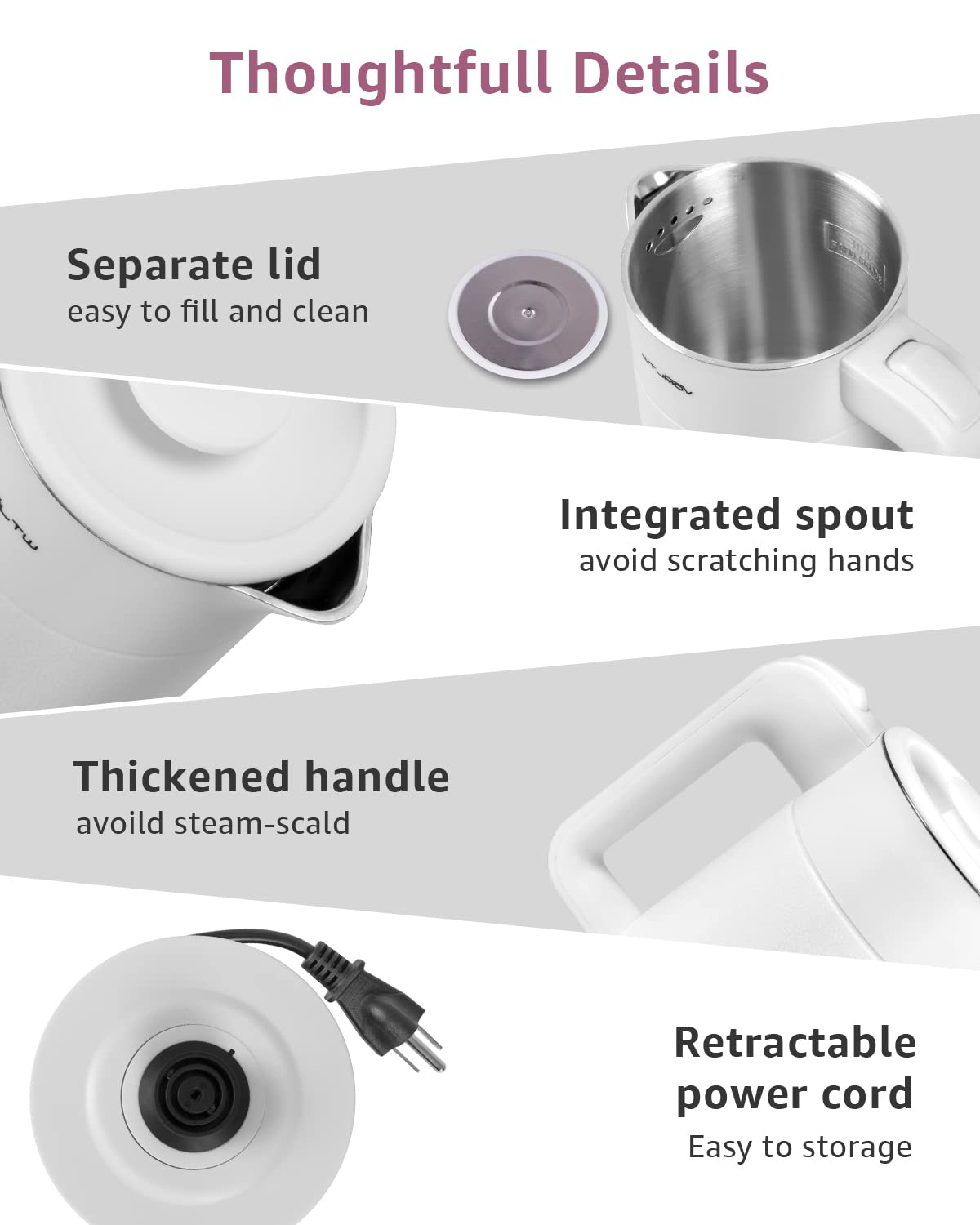 WTJMOV 0.6L Small Electric Tea Kettle Lightweight, 20 Ounce Double Wall Hot Water Boiler Stainless Steel Auto Shut-off, 120V Portable Travel Electric Kettle Fast Boil for Tea and Coffee,White