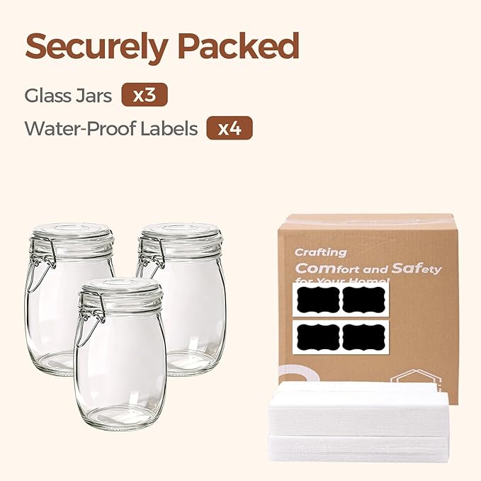 ComSaf Round Glass Jars with Airtight Lids 34 oz 3 Pack Apothecary Coffee