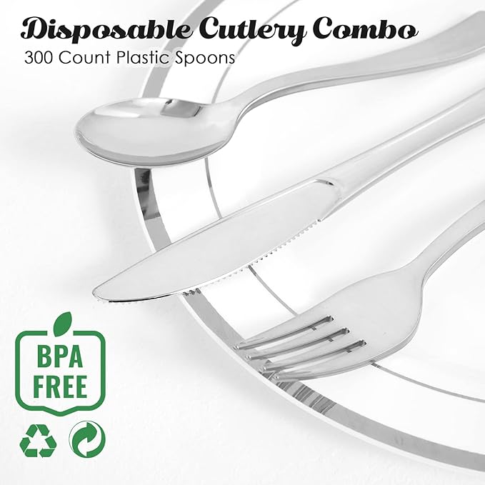 FOCUSLINE 300 Pack 6.8" Disposable Silver Plastic Spoons, Solid and Durable Plastic Cutlery Spoons, Heavy Duty Disposable Utensil Silverware for Catering, Parties, Dinners, Weddings