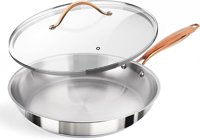 ciwete 12 Inch Tri-Ply Stainless Steel Frying Pan with Lid, Professional Quality Skillet Suitable for All Stove, Oven and Dishwasher Safe, PFOA PTFE PFOS Free, Fast and Even Heating