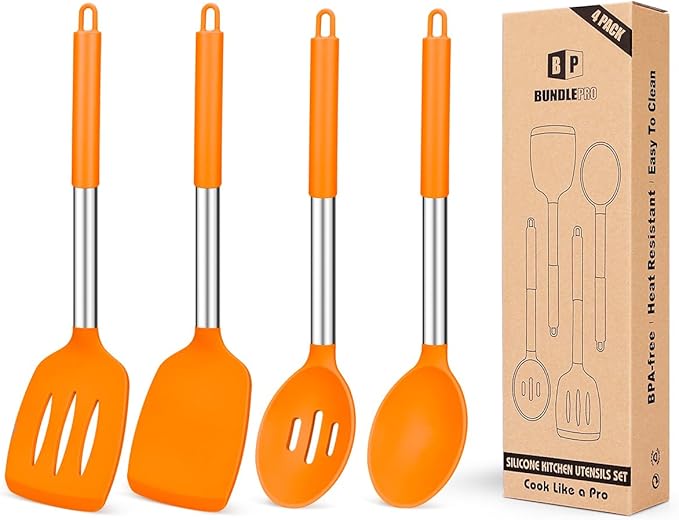 Pack of 4 Silicone Cooking Utensils Set, Non Stick Large Solid Spatulas, Heat Resistant Gray Slotted Spoons, Ideal BPA Free Kitchen Turners for Frying, Mixing,Serving,Draining,Turning,Stirring