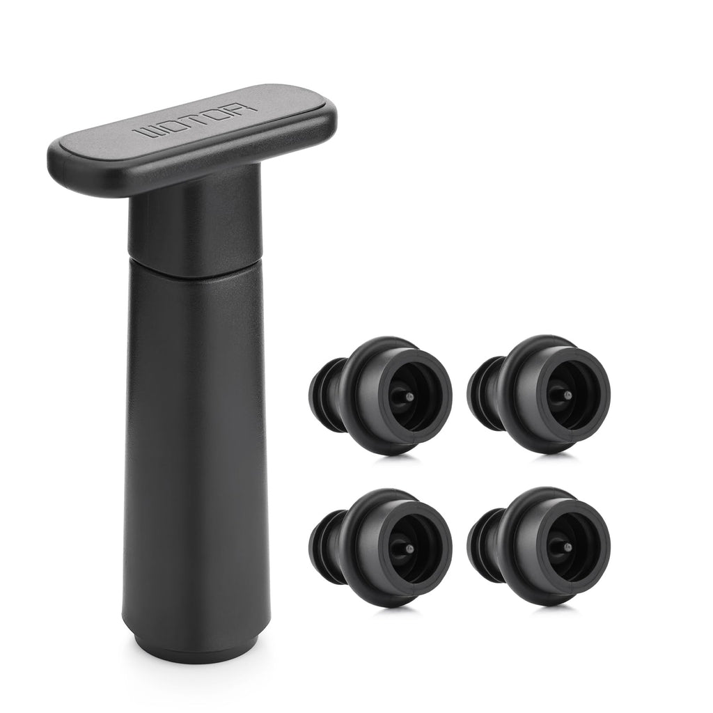 WOTOR Wine Saver Vacuum Pump with 4 Stoppers, Wine Stopper & Preserver, Reusable Bottle Sealer Keeps Fresh, Ideal Accessories Gift (Flat Handle)