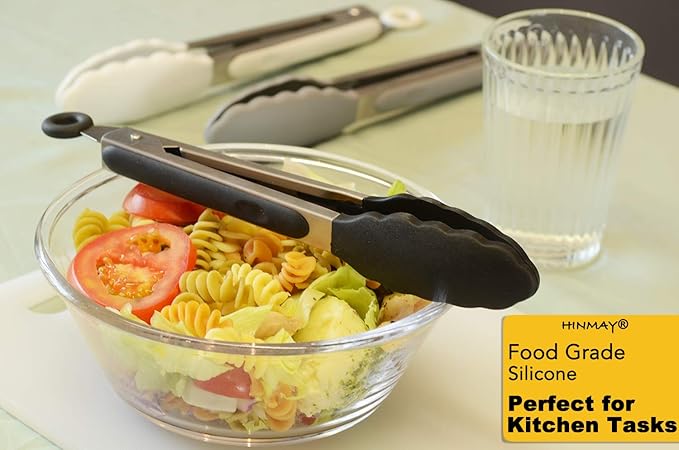 HINMAY 9-Inch Serving Tongs Silicone Tongs, Set of 3 (Black White Gray)