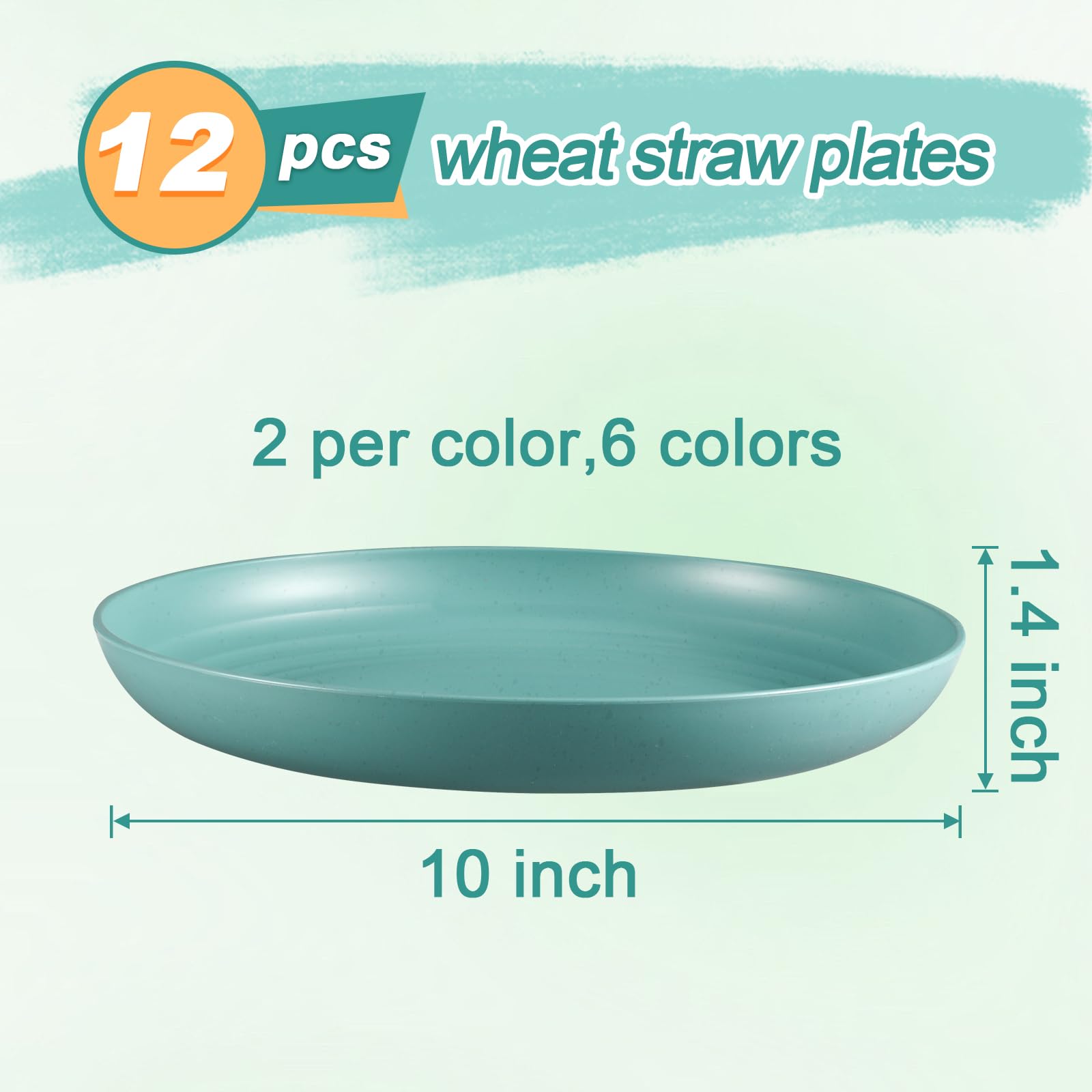 HEYCOME 12 Pcs Unbreakable Deep Dinner Plates Set, 10 inch Reusable Plastic Wheat Straw Plates, Microwave and Dishwasher Safe Plate for Kitchen, Lightweight Plate for Dessert, BPA Free, 6 Colors
