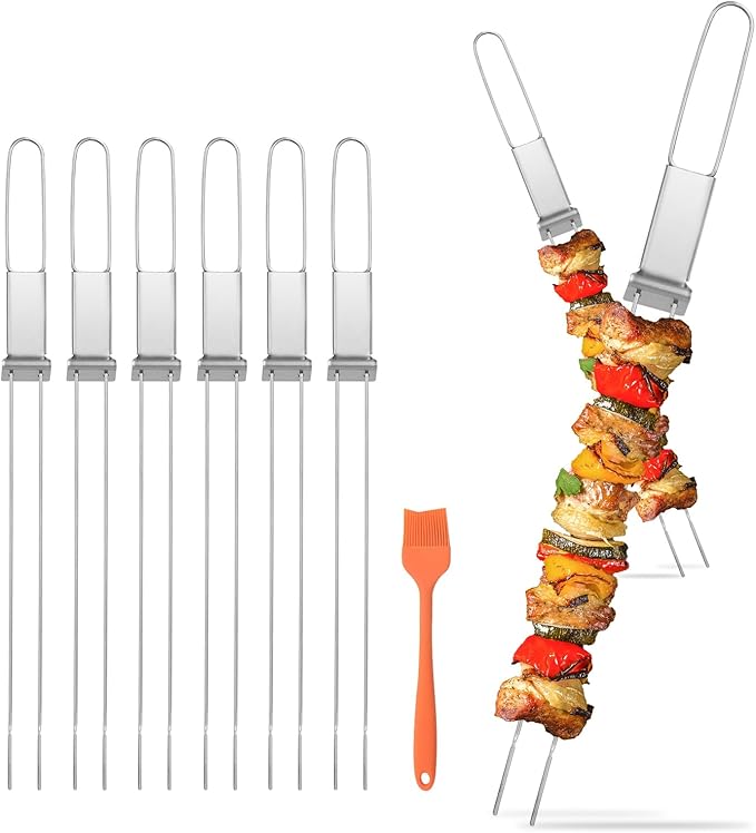 Stainless Steel Skewers for Grilling, 13"（6PCS）Dual-Prong Flat with Slider