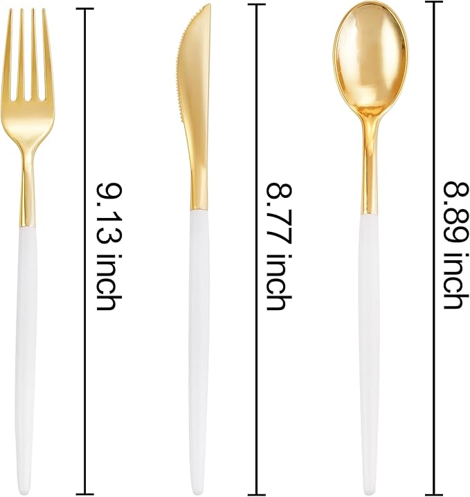 I00000 300 Pcs Gold Plastic Silverware Set, Gold Utensils with White Handle