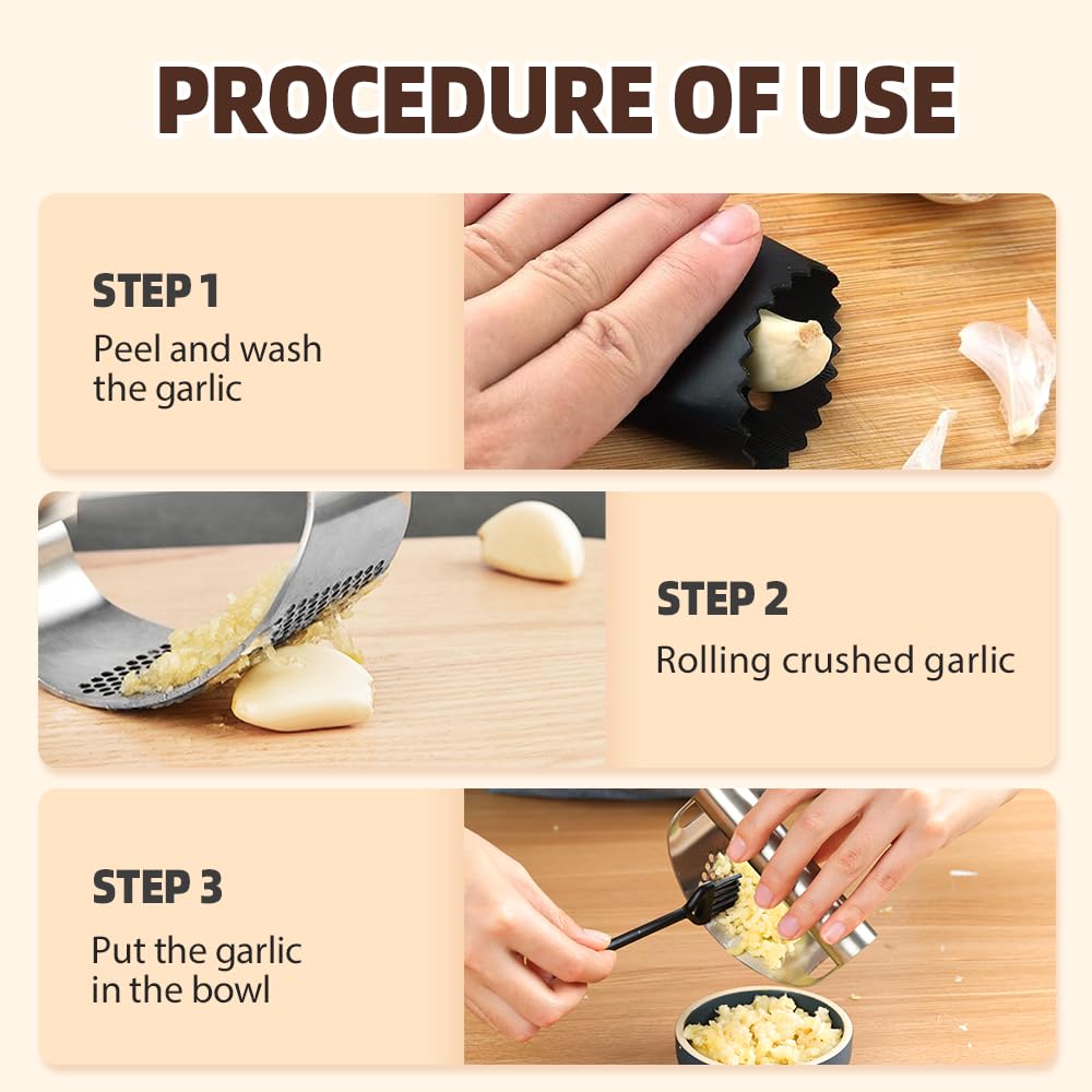 2026 New Garlic Press Rocker, Upgrade Garlic Press Stainless Steel, Portable Manual Stainless Steel Garlic Press Rocker, Innovative Garlic Crusher with Peeler and Scraper (3)