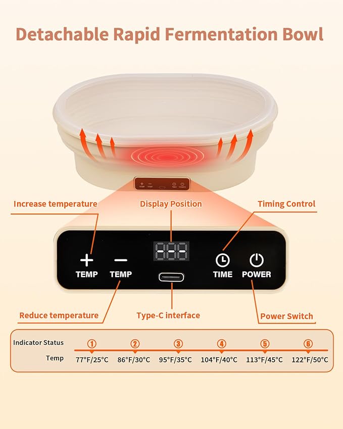 XPXKJ Heating Bread Proofing Basket Set Foldable Thermostatic Silicone Bowl with 77-122℉ 6 Gears Temperature & 6H Timer, Baking Sourdough Starter Bread Making Supplies Tools Kit (13.7×10.2×4.3'')
