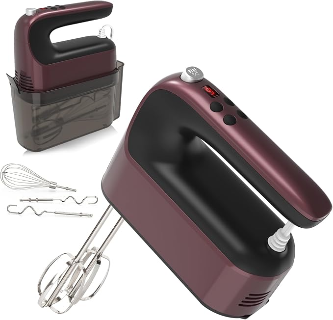 Yomelo 9-Speed Digital Hand Mixer Electric, 400W Powerful DC Motor, Hand Mixer Electric Handheld with Snap-On Storage Case, 5 Stainless Steel Accessories, Beaters, Dough Hooks, Whisk(Grape Purple)