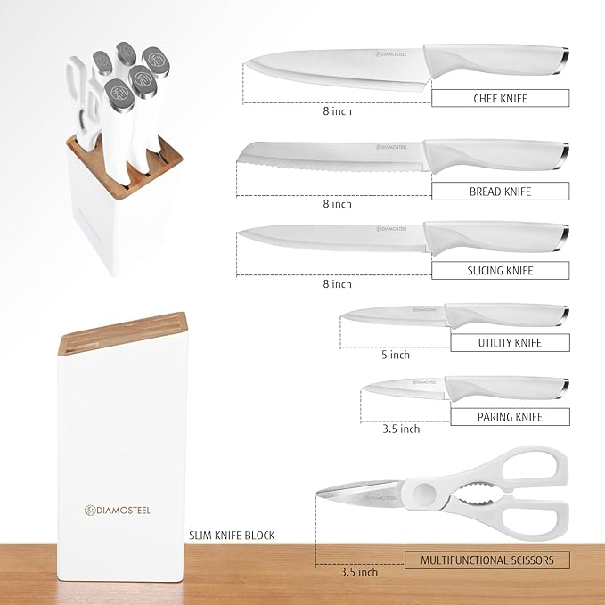 Diamosteel White Knife Set with Wooden Block, 7-Piece Knife Block Set